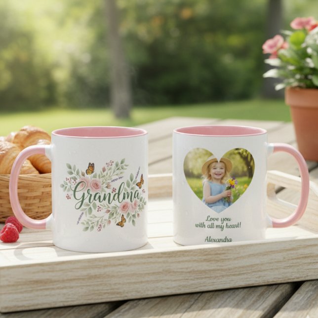 Grandma Floral Mug - Watercolor Botanical Gift Tasse (Floral butterfly grandma photo mug)