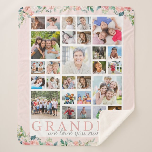 GRANDMA Foto Collage Bloral Blush Pink Sherpadecke (Vorderseite)