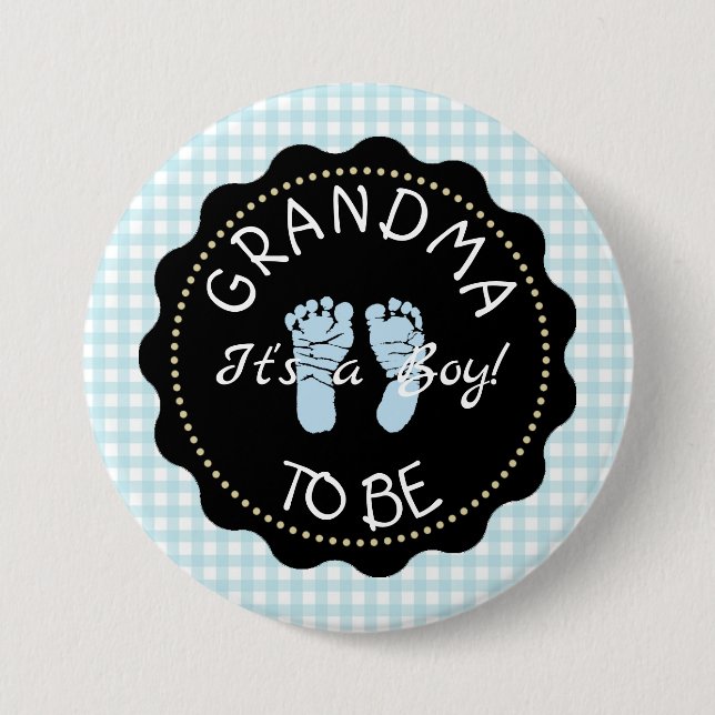 GRANDMA für Blue Gingham Baby Showknopf Button (Vorderseite)