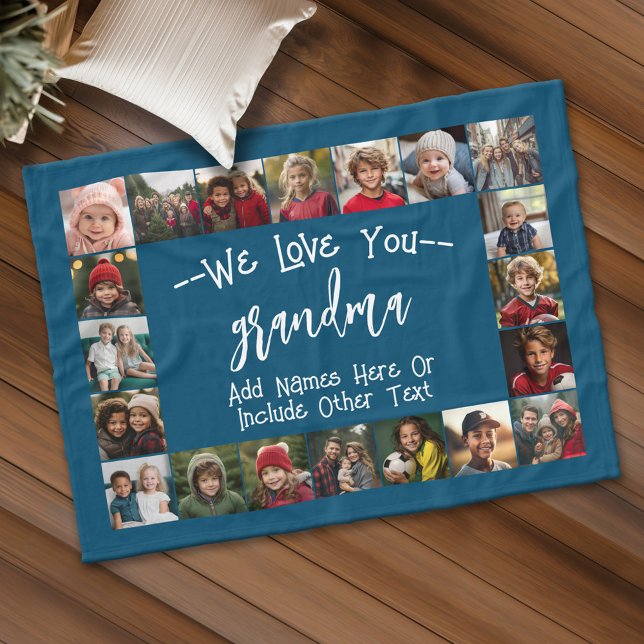 Grandma Photo Collage - Up to 20 photos Blue Fleecedecke (Grandma Gift - Personalized fleece blanket with 20 photos and custom text)