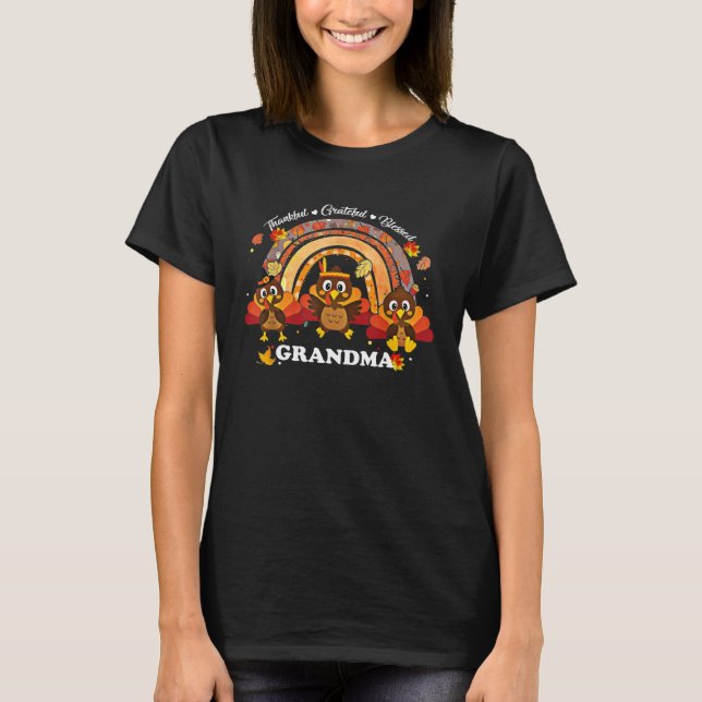 Grandma Turkey Rainbow Sunflower Thankful Grateful T-Shirt (Vorderseite)