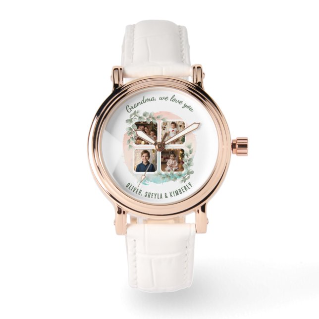 Grandma we love you 6 Photo Collage Eucalyptus Armbanduhr (Vorderseite)