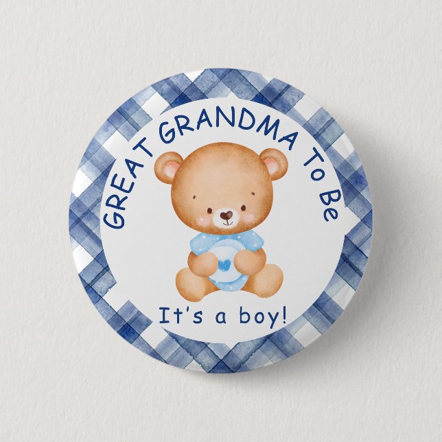 GRANDMA zum Blue Kariert Baby Dusche Button (Vorderseite)