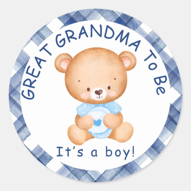 GRANDMA zum Blue Kariert Baby Dusche Runder Aufkleber (Vorderseite)