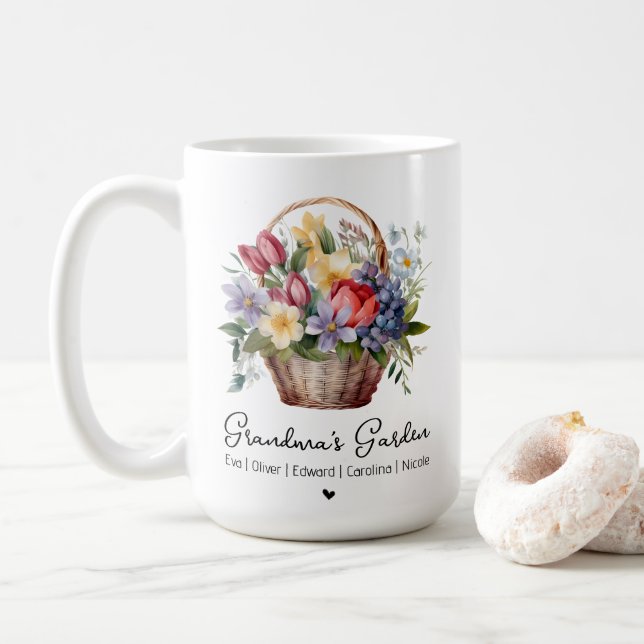 Grandmas Gartennamen Wasserfarbener Blumenkorb Kaffeetasse (Mit Donut)