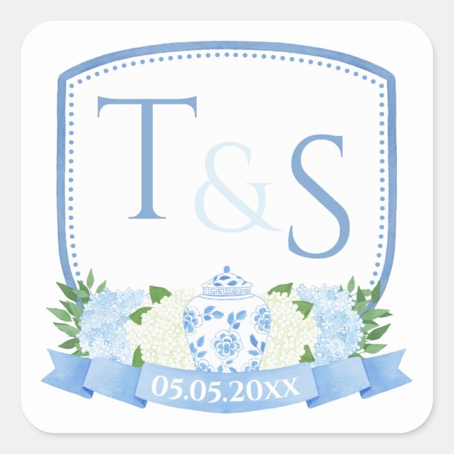 Grandmillenial Blue and White Wedding Wappen Quadratischer Aufkleber (Vorderseite)