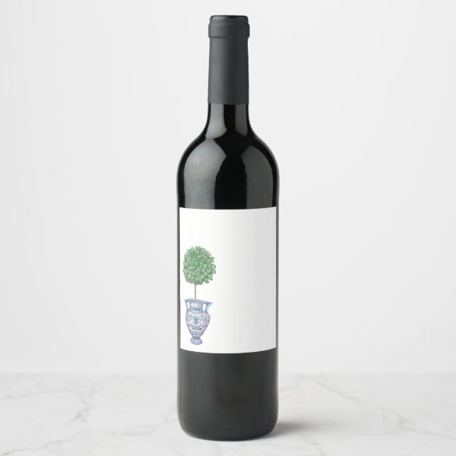 Grandmillenial boxwood topiary blue chinoiserie weinetikett (Vorderseite)