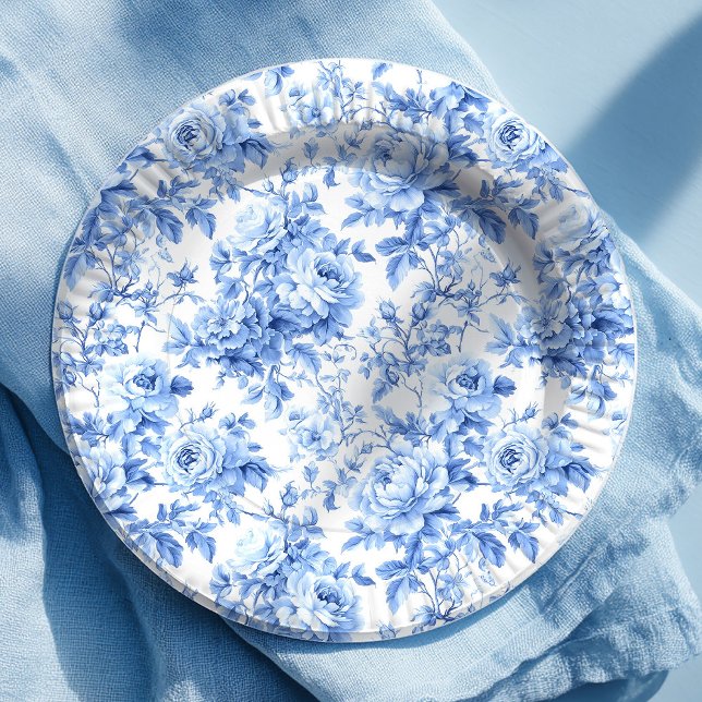 Grandmillennial Blau Toile Rosen Florales Papierta Pappteller (Grandmillennial Blue Toile Roses Floral Paper Plates)