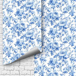 Grandmillennial Blau Toile Rosen Floraltapete Tapete