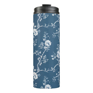 Grandmillennial Blau-Weiß-Rosen-Tumbler Thermosbecher