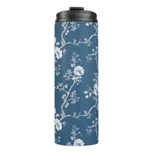 Grandmillennial Blue and White Rose Tumbler Thermosbecher
