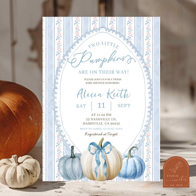 Grandmillennial Blue Pumpkin Boy Twins Baby Dusche Einladung (Von Creator hochgeladen)