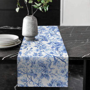 Grandmillennial Blue Toile Rosen Blumen Tischläufe Großer Tischläufer
