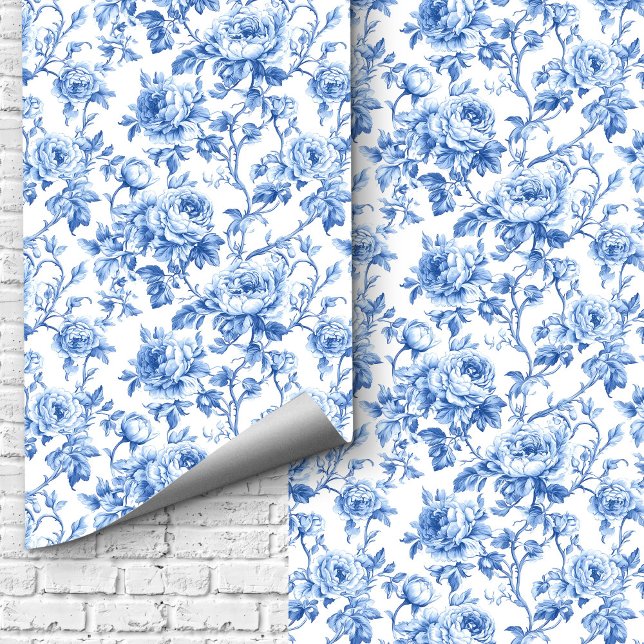 Grandmillennial Blue Toile Roses Floral Wallpaper  Tapete (Grandmillennial Blue Toile Roses Floral Wallpaper Design)