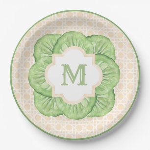 Grandmillennial Cabbage Leaf Monogram Rattan Pappteller