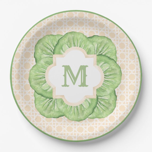 Grandmillennial Cabbage Leaf Monogram | Rattan Pappteller (Vorderseite)