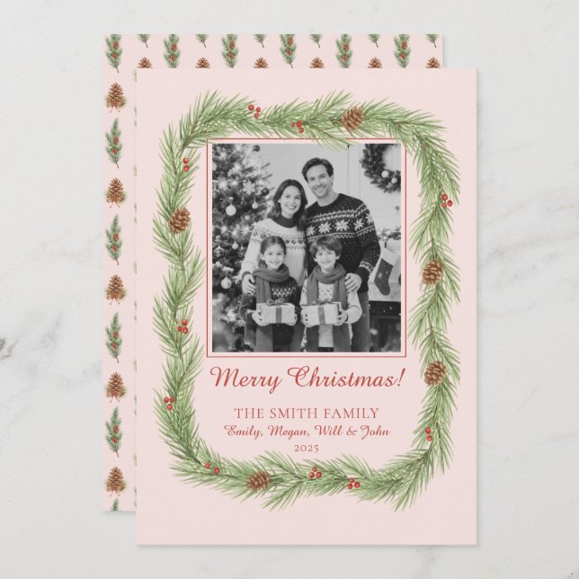 Grandmillennial Christmas Garland & Pinecone Photo Feiertagskarte (Vorne/Hinten)