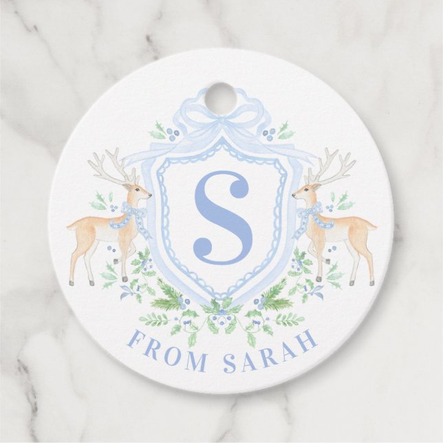 Grandmillennial Christmas Hirsch Wappen Monogram Geschenkanhänger (Vorderseite)