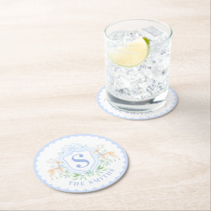 Grandmillennial Christmas Hirsch Wappen Monogram Runder Pappuntersetzer