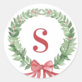 Grandmillennial Christmas Wreath Monogram Foto Runder Aufkleber