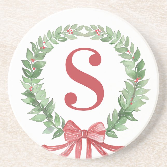 Grandmillennial Christmas Wreath Monogram Getränkeuntersetzer (Vorne)