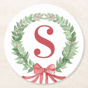 Grandmillennial Christmas Wreath Monogram Runder Pappuntersetzer