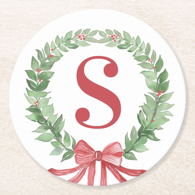 Grandmillennial Christmas Wreath Monogram Runder Pappuntersetzer (Vorderseite)