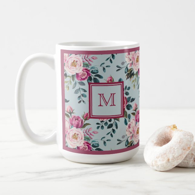 Grandmillennial Dusty Rose Floral Benutzerdefinier Kaffeetasse (Mit Donut)