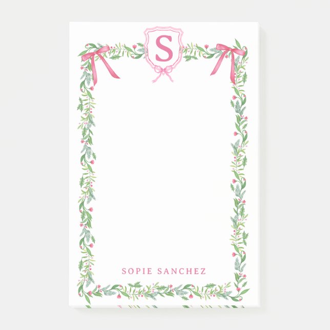 Grandmillennial Evergreen Swag mit Monogram Post-it Klebezettel (Vorderseite)