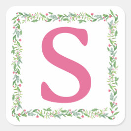 Grandmillennial Evergreen Swag | Monogramm Quadratischer Aufkleber