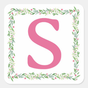 Grandmillennial Evergreen Swag   Monogramm Quadratischer Aufkleber