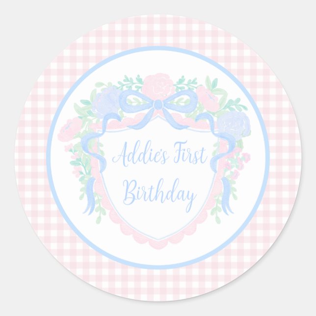 Grandmillennial Floral Gingham Preppy Birthday Runder Aufkleber (Vorderseite)