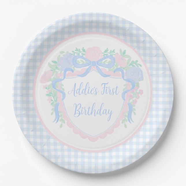Grandmillennial Floral Gingham Preppy Paper Plate Pappteller (Vorderseite)