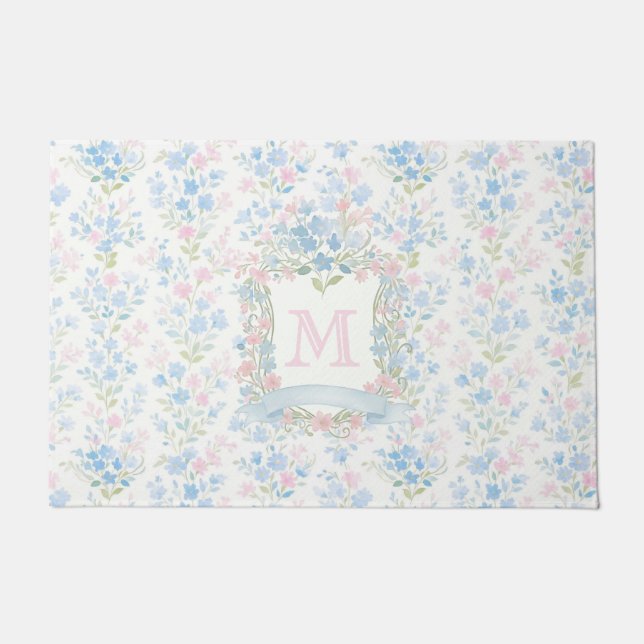Grandmillennial Floral Monogram Personalized Fußmatte (Vorderseite)