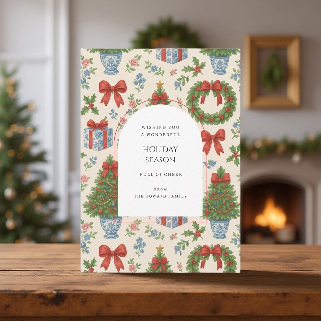 Grandmillennial Floral Pine Trees Bow Holiday Card (Von Creator hochgeladen)