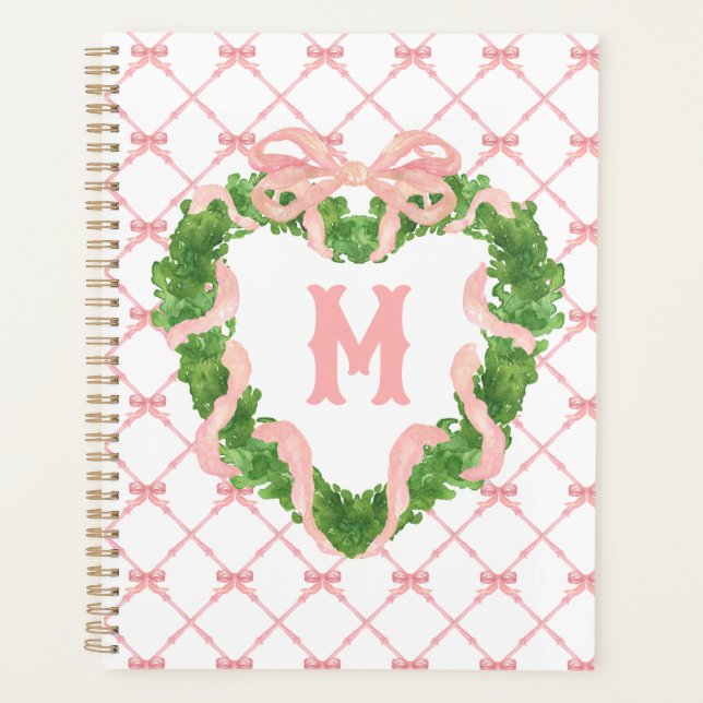 Grandmillennial Heart Wreath Monogram Bamboo & Bow Planer (Vorderseite)