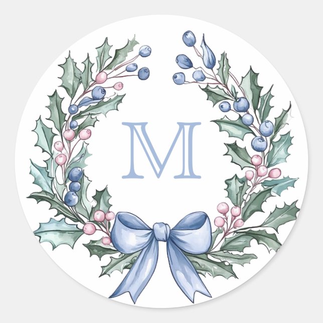 Grandmillennial Holly Christmas Monogram Runder Aufkleber (Vorderseite)