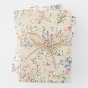 Grandmillennial Pastell-Blumen-Vintage-Landhaus Geschenkpapier Set