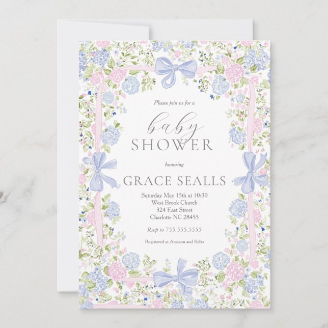 Grandmillennial Pink and Blue baby shower invite Einladung (Vorderseite)