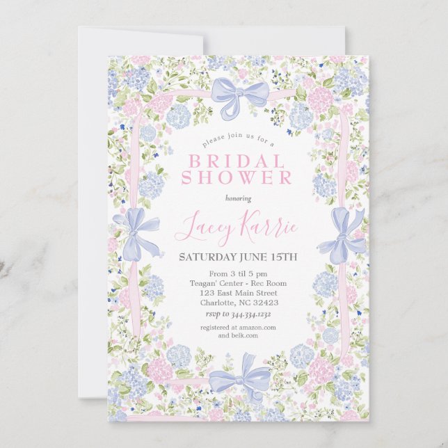 Grandmillennial Pink and Blue bridal shower invite Einladung (Vorderseite)