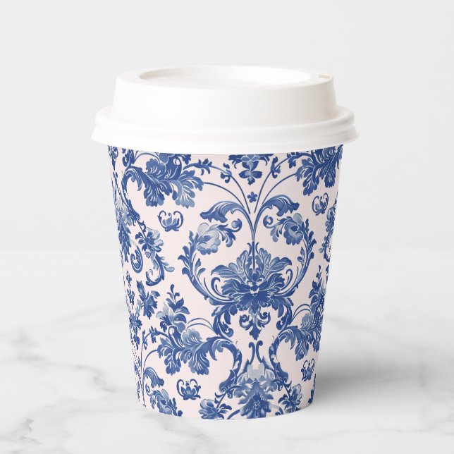 Grandmillennial Pink & Blue Damask Pappbecher (Vorderseite)