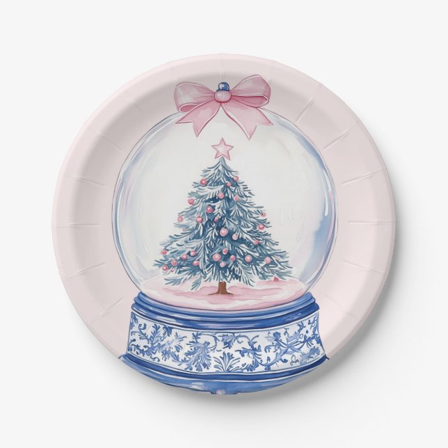 Grandmillennial Pink & Blue Damask Schneeglobe Pappteller (Vorderseite)