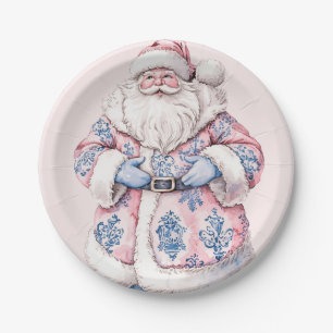 Grandmillennial Pink & Blue Damask Weihnachtsmann Pappteller
