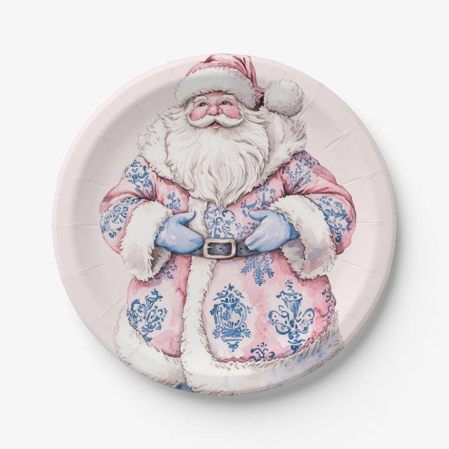 Grandmillennial Pink & Blue Damask Weihnachtsmann Pappteller (Vorderseite)