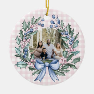 Grandmillennial Pink & Blue Holly Weihnachten Foto Keramik Ornament