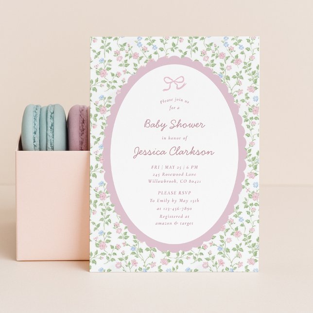 Grandmillennial Pink Bow Floral Baby Shower INVITE Ankündigung (Von Creator hochgeladen)