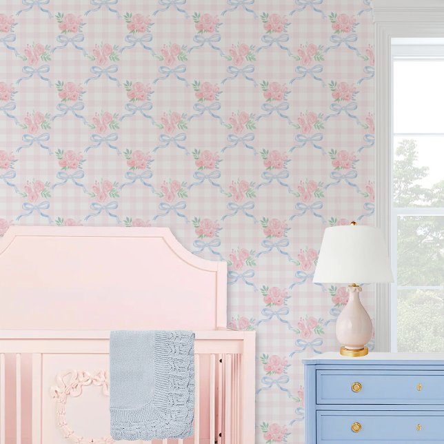 Grandmillennial Preppy floral Bogen Rosa Gingham Tapete (Von Creator hochgeladen)