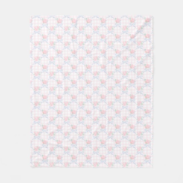 Grandmillennial Preppy Pink Bows Blume Fleecedecke (Vorderseite)