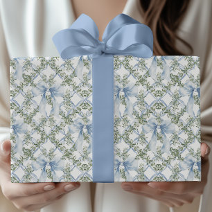 Grandmillennial Watercolor Blue Bow & Greenery Geschenkpapier
