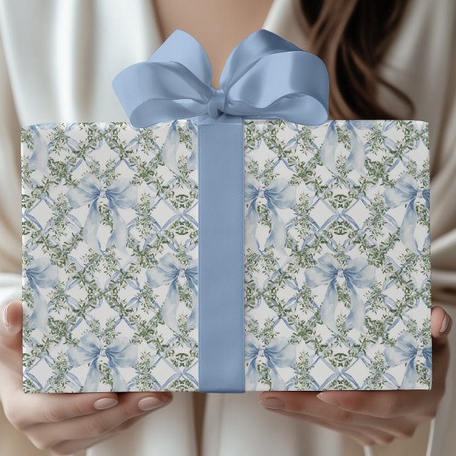 Grandmillennial Watercolor Blue Bow & Greenery Geschenkpapier (Von Creator hochgeladen)